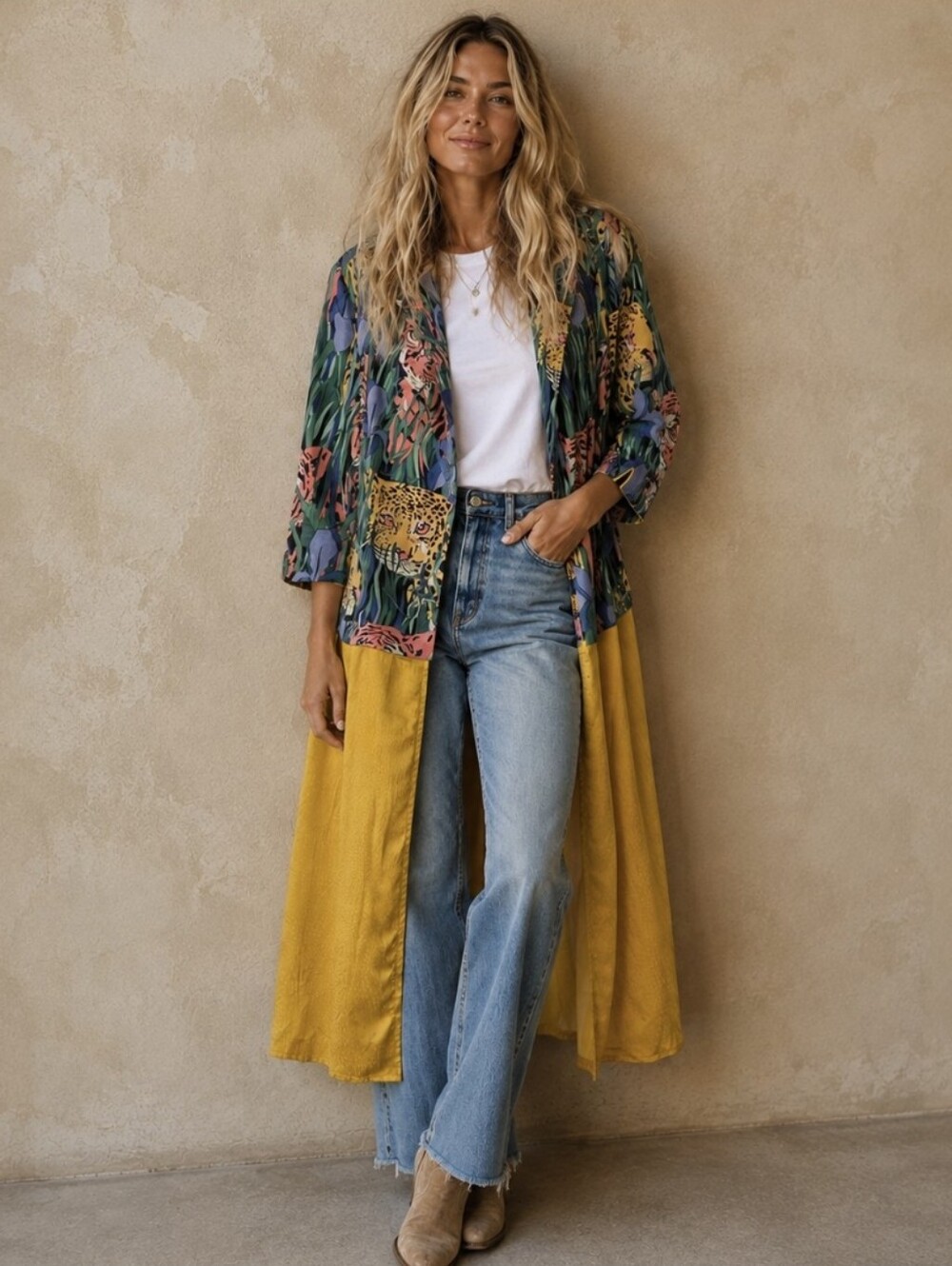 Jayley Tropical Print Duster Jacket Detachable Satin Underlay Tiger Print Sz 10